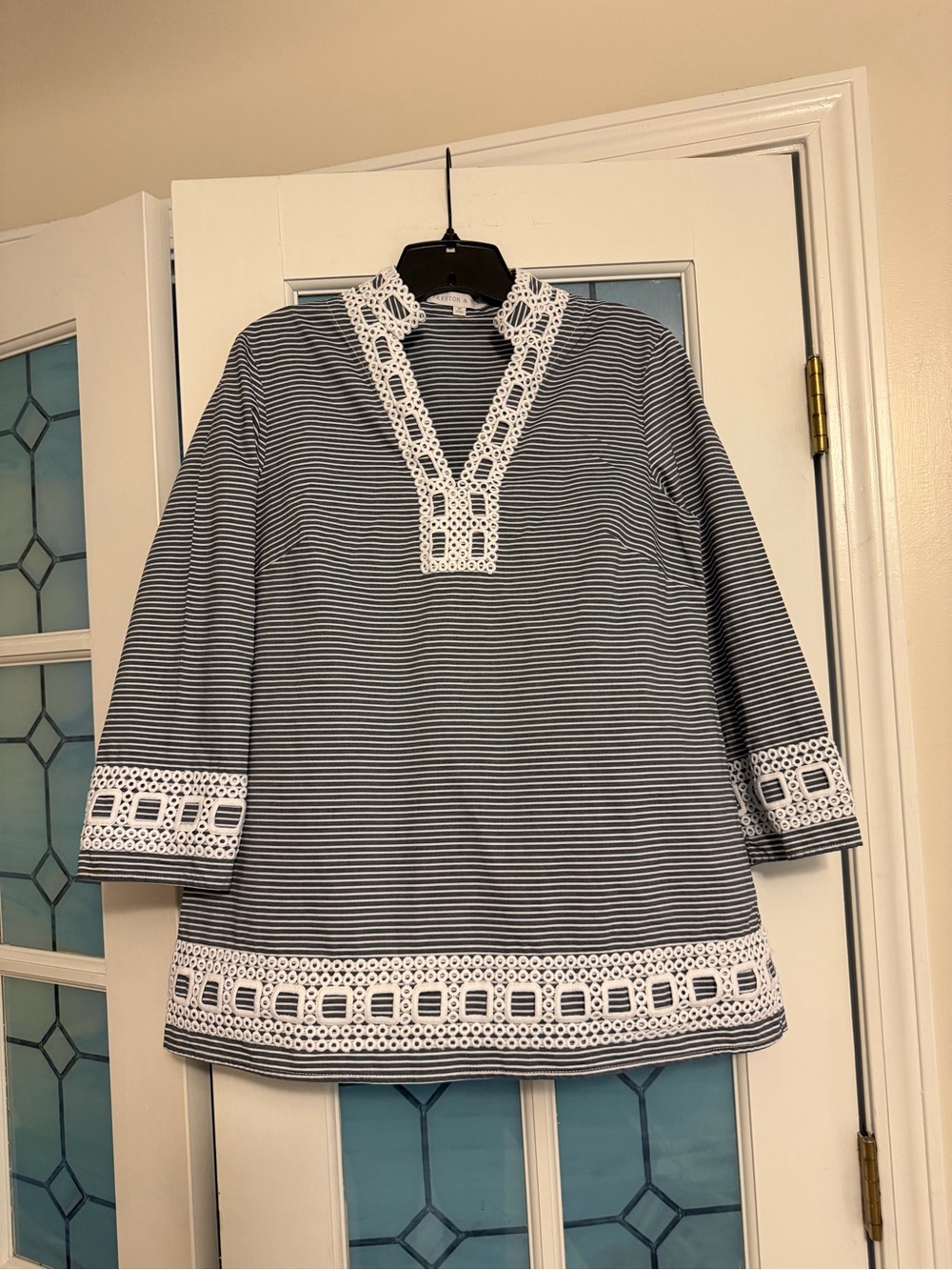 Preston & York Navy and White Striped Tunic Dress with Crochet Trim